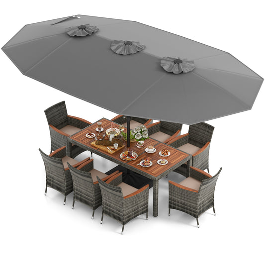 10 Pieces Patio Wicker Dining Set with 15 Feet Double-Sided Patio Umbrella, Gray Patio Dining Sets Gray  at Gallery Canada