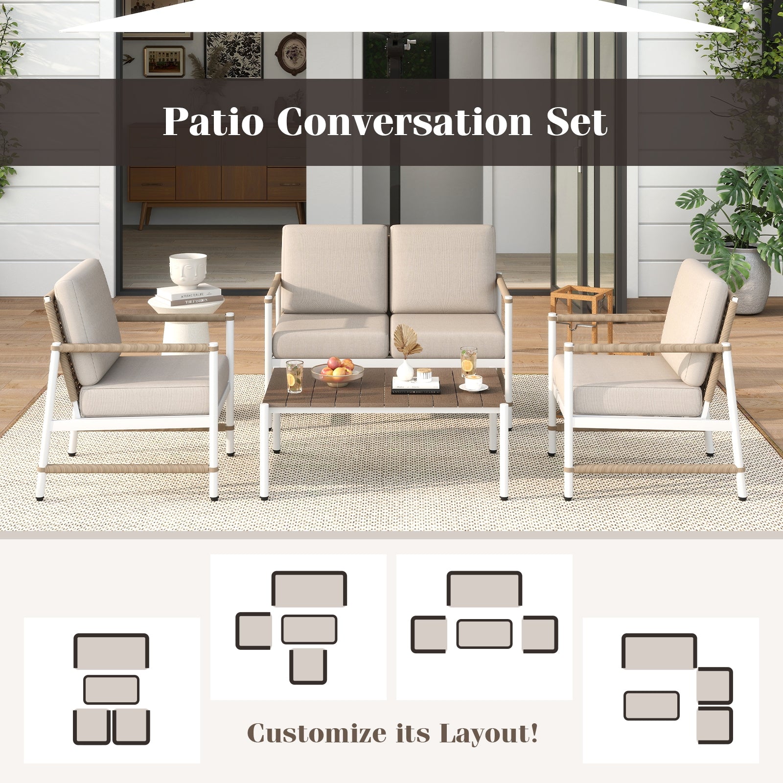 4 Pieces Patio Furniture Set with Thick Cushions and a Coffee Table, Gray Patio Conversation Sets at Gallery Canada