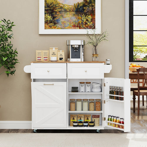 Rolling Kitchen Island with Trash Can Cabinet and Rubber Universal Wheels, White