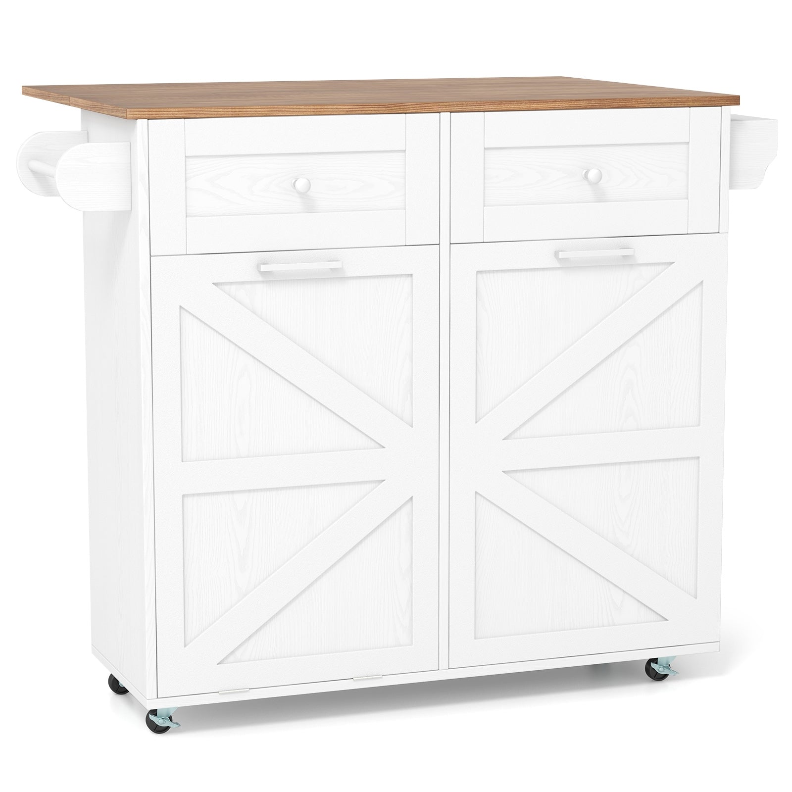 Rolling Kitchen Island with Trash Can Cabinet and Rubber Universal Wheels, White Kitchen Islands & Carts White at Gallery Canada