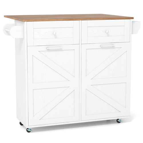 Rolling Kitchen Island with Trash Can Cabinet and Rubber Universal Wheels, White