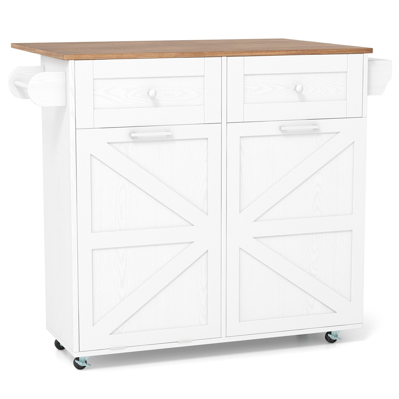 Rolling Kitchen Island with Trash Can Cabinet and Rubber Universal Wheels, White Kitchen Islands & Carts White at Gallery Canada