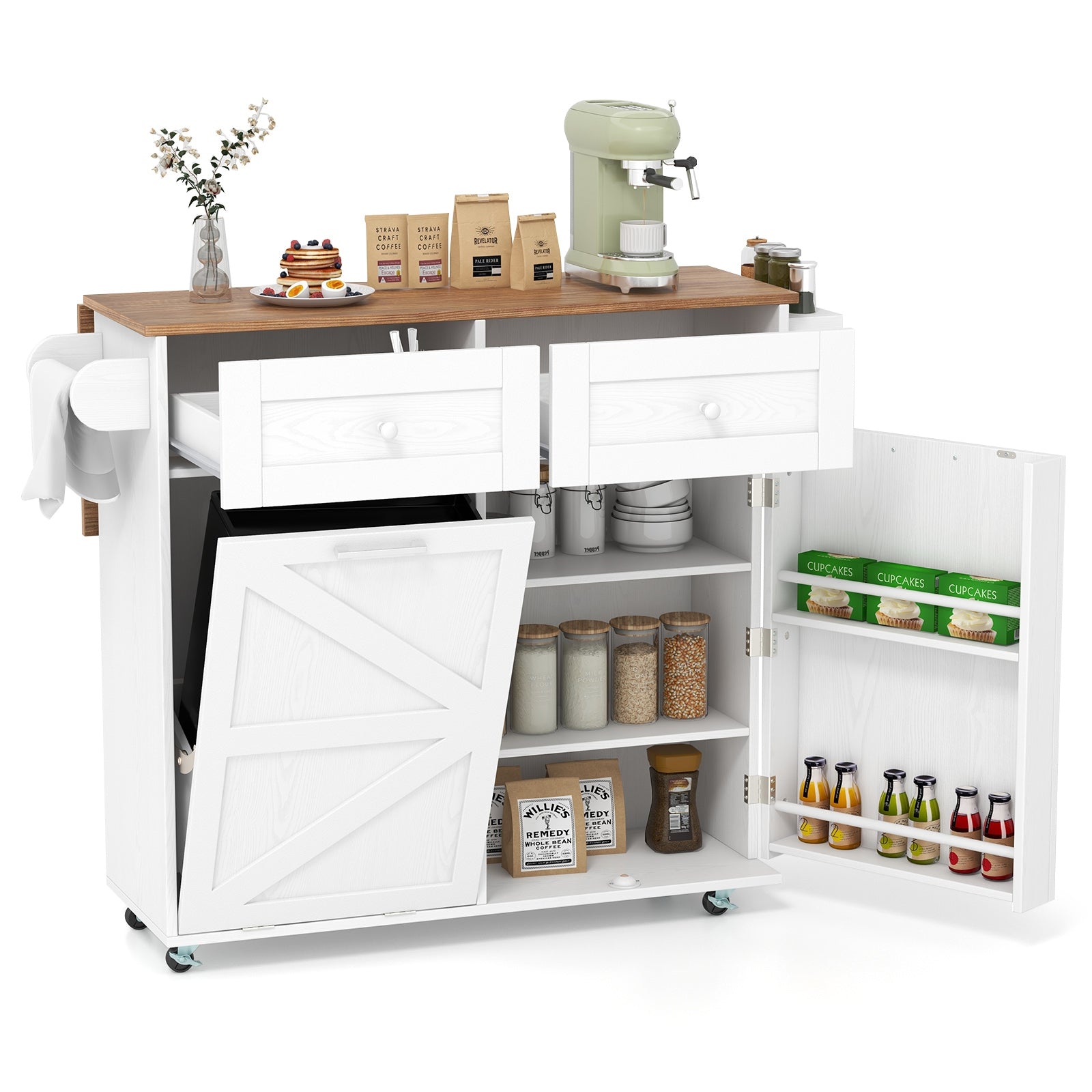 Rolling Kitchen Island with Trash Can Cabinet and Rubber Universal Wheels, White Kitchen Islands & Carts at Gallery Canada