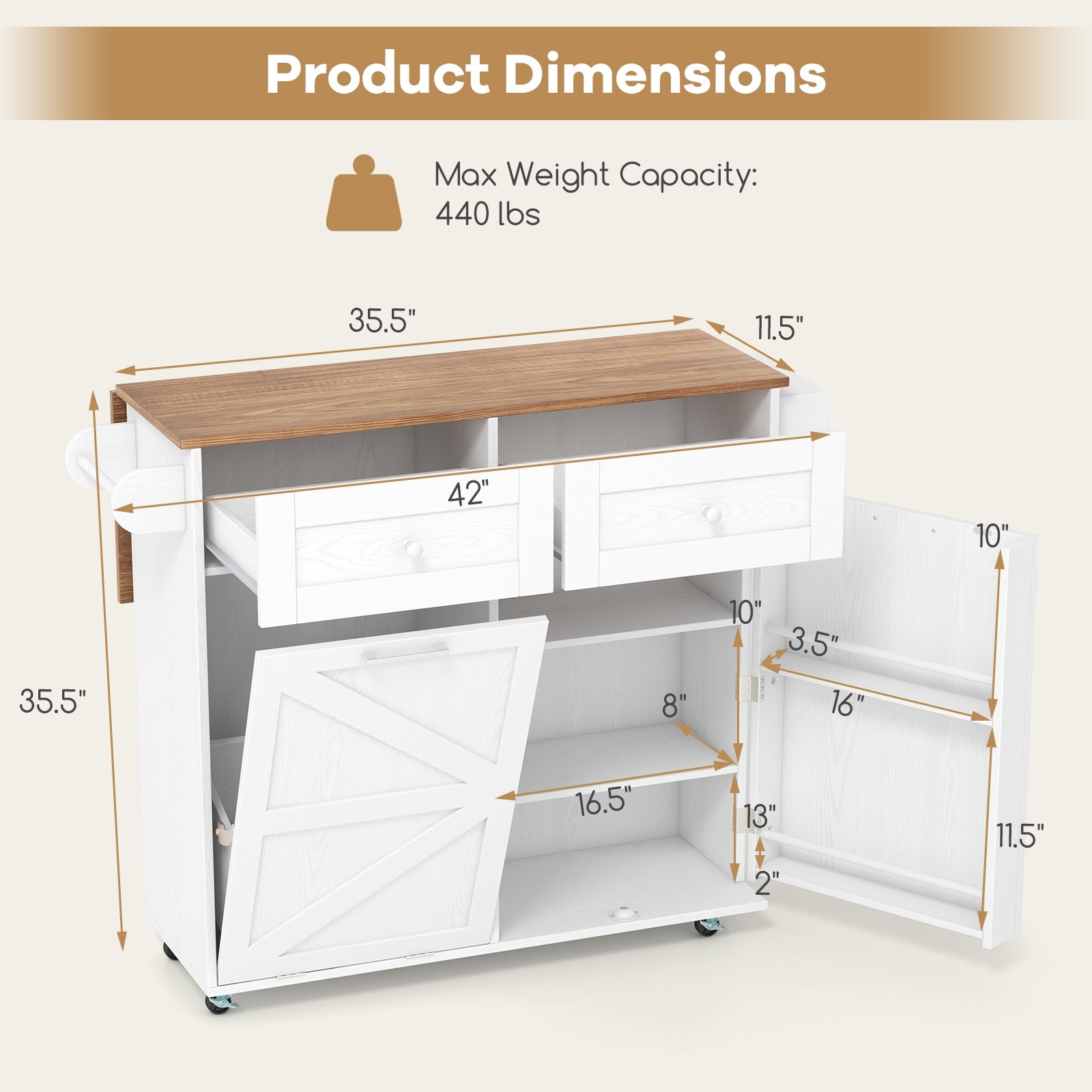 Rolling Kitchen Island with Trash Can Cabinet and Rubber Universal Wheels, White Kitchen Islands & Carts at Gallery Canada