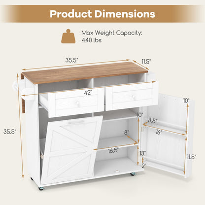 Rolling Kitchen Island with Trash Can Cabinet and Rubber Universal Wheels, White Kitchen Islands & Carts at Gallery Canada