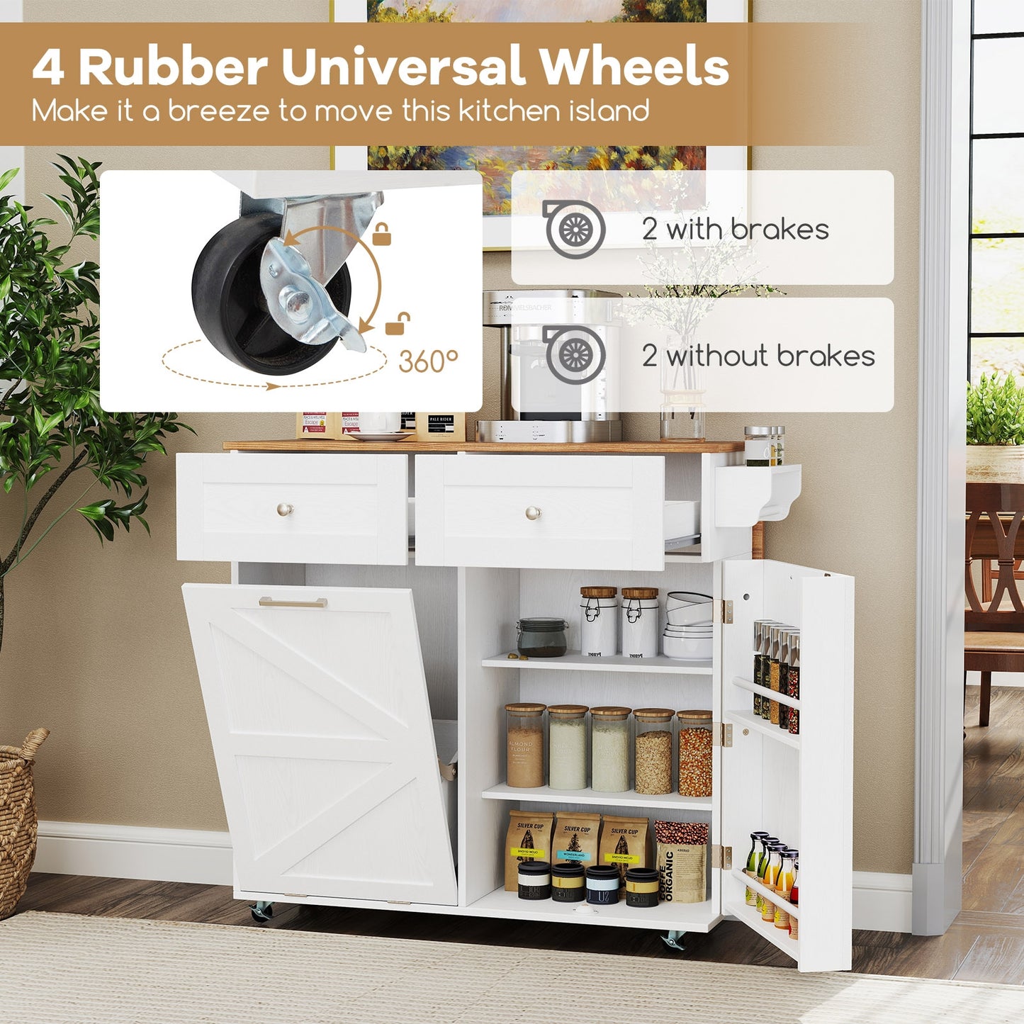 Rolling Kitchen Island with Trash Can Cabinet and Rubber Universal Wheels, White Kitchen Islands & Carts at Gallery Canada