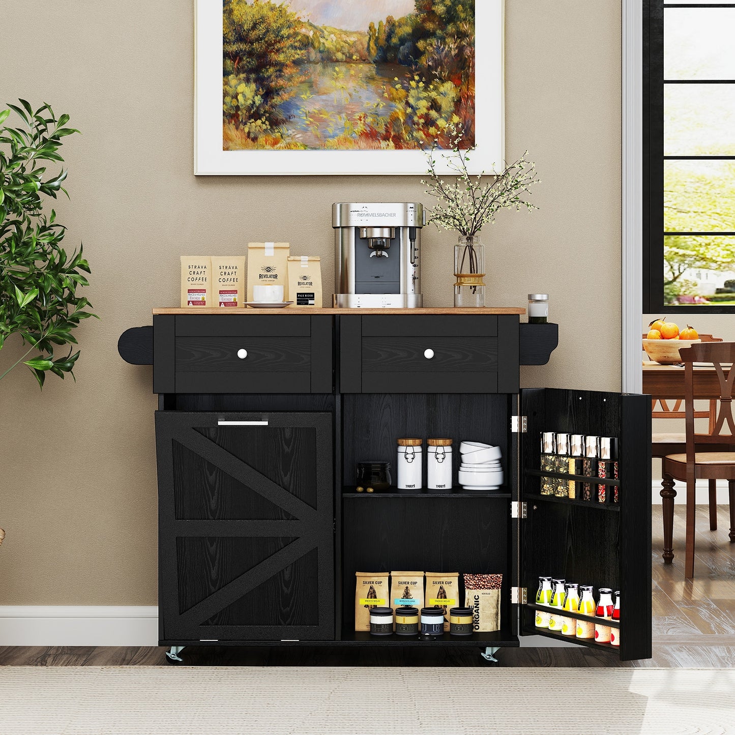 Rolling Kitchen Island with Trash Can Cabinet and Rubber Universal Wheels, Black Kitchen Islands & Carts at Gallery Canada