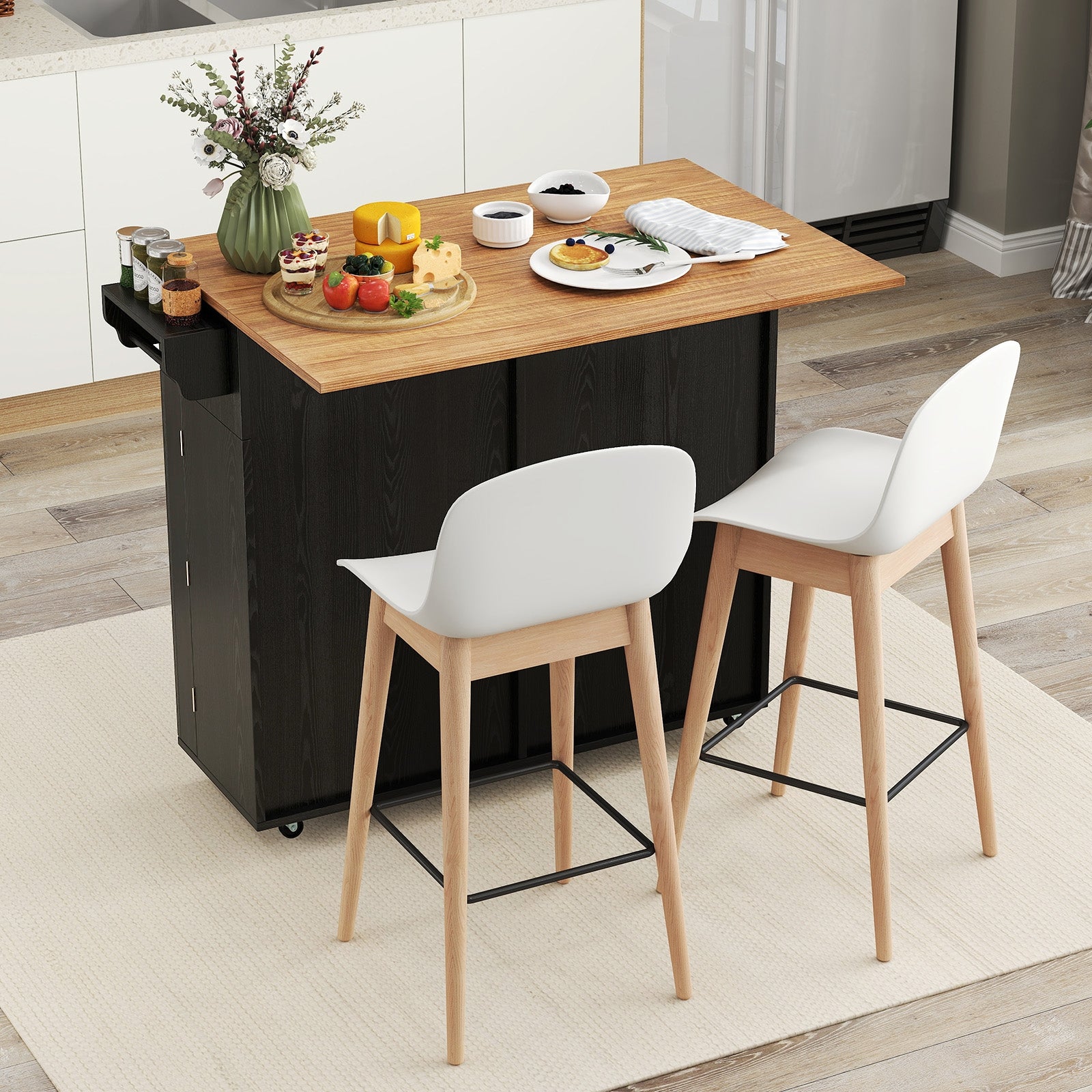 Rolling Kitchen Island with Trash Can Cabinet and Rubber Universal Wheels, Black Kitchen Islands & Carts at Gallery Canada