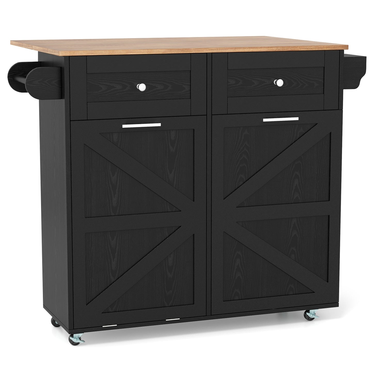 Rolling Kitchen Island with Trash Can Cabinet and Rubber Universal Wheels, Black Kitchen Islands & Carts Black at Gallery Canada