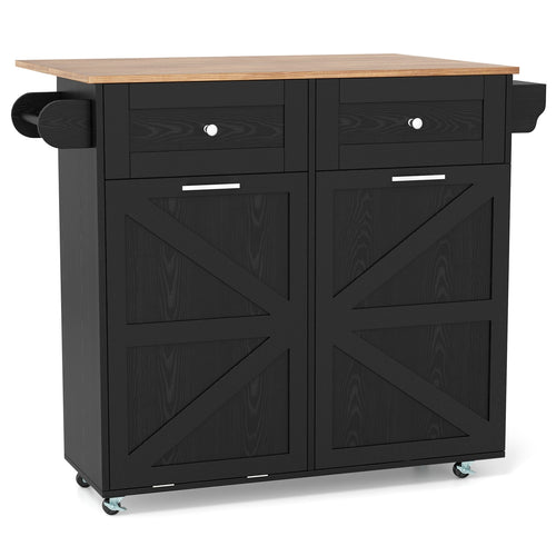 Rolling Kitchen Island with Trash Can Cabinet and Rubber Universal Wheels, Black