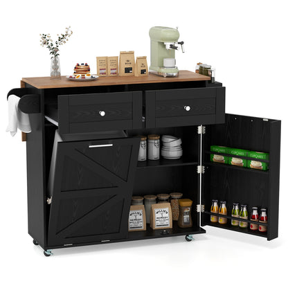 Rolling Kitchen Island with Trash Can Cabinet and Rubber Universal Wheels, Black Kitchen Islands & Carts at Gallery Canada