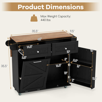 Rolling Kitchen Island with Trash Can Cabinet and Rubber Universal Wheels, Black Kitchen Islands & Carts at Gallery Canada