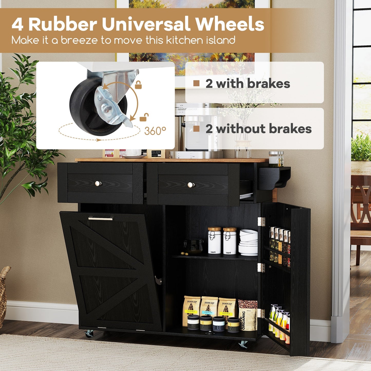 Rolling Kitchen Island with Trash Can Cabinet and Rubber Universal Wheels, Black Kitchen Islands & Carts at Gallery Canada