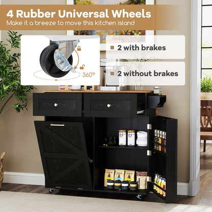 Rolling Kitchen Island with Trash Can Cabinet and Rubber Universal Wheels, Black Kitchen Islands & Carts at Gallery Canada