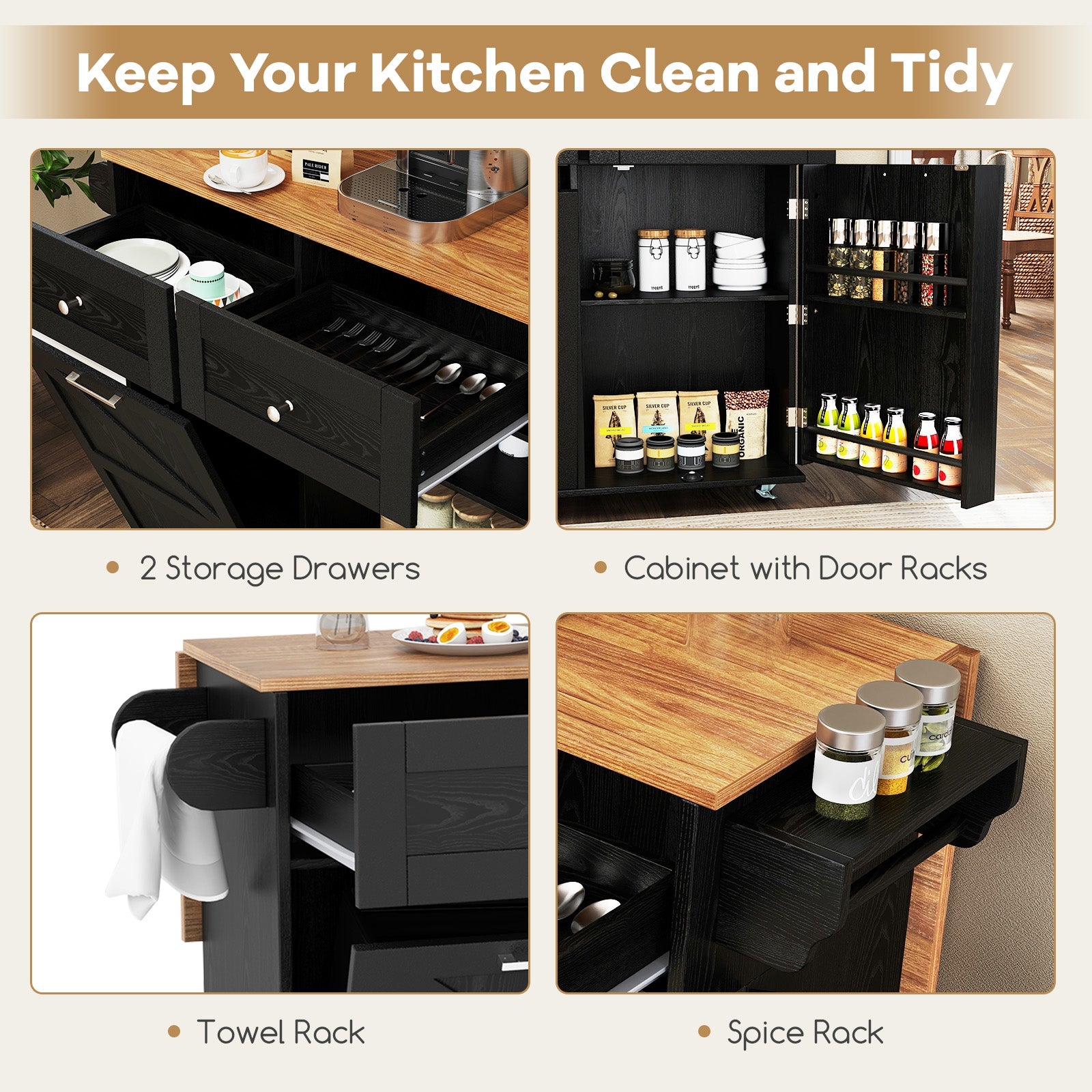 Rolling Kitchen Island with Trash Can Cabinet and Rubber Universal Wheels, Black Kitchen Islands & Carts at Gallery Canada