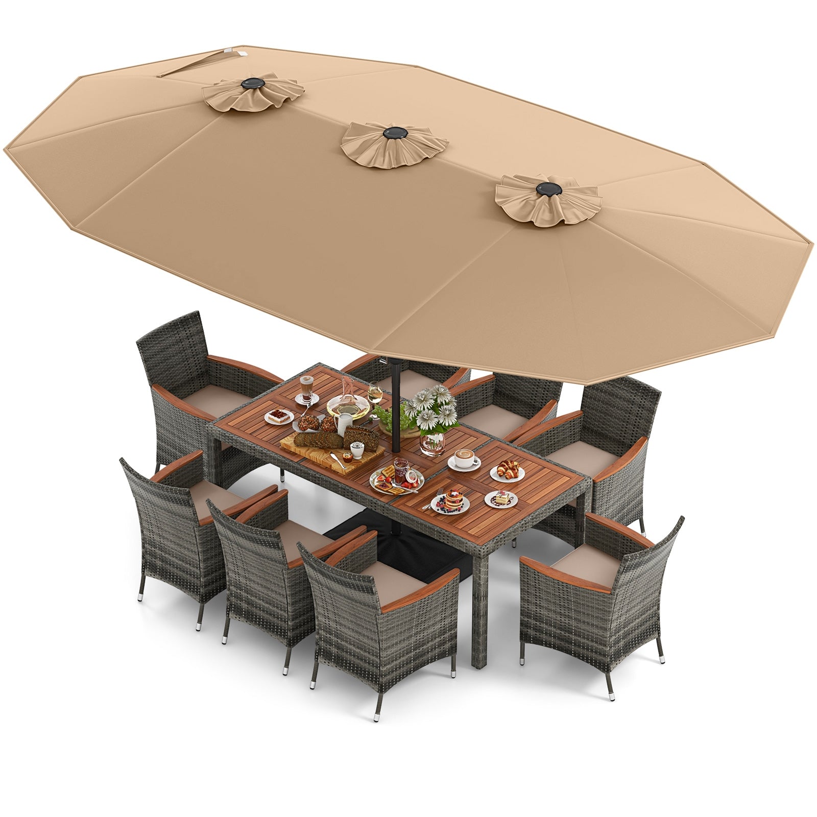 10 Pieces Patio Wicker Dining Set with 15 Feet Double-Sided Patio Umbrella, Brown Patio Dining Sets Brown  at Gallery Canada