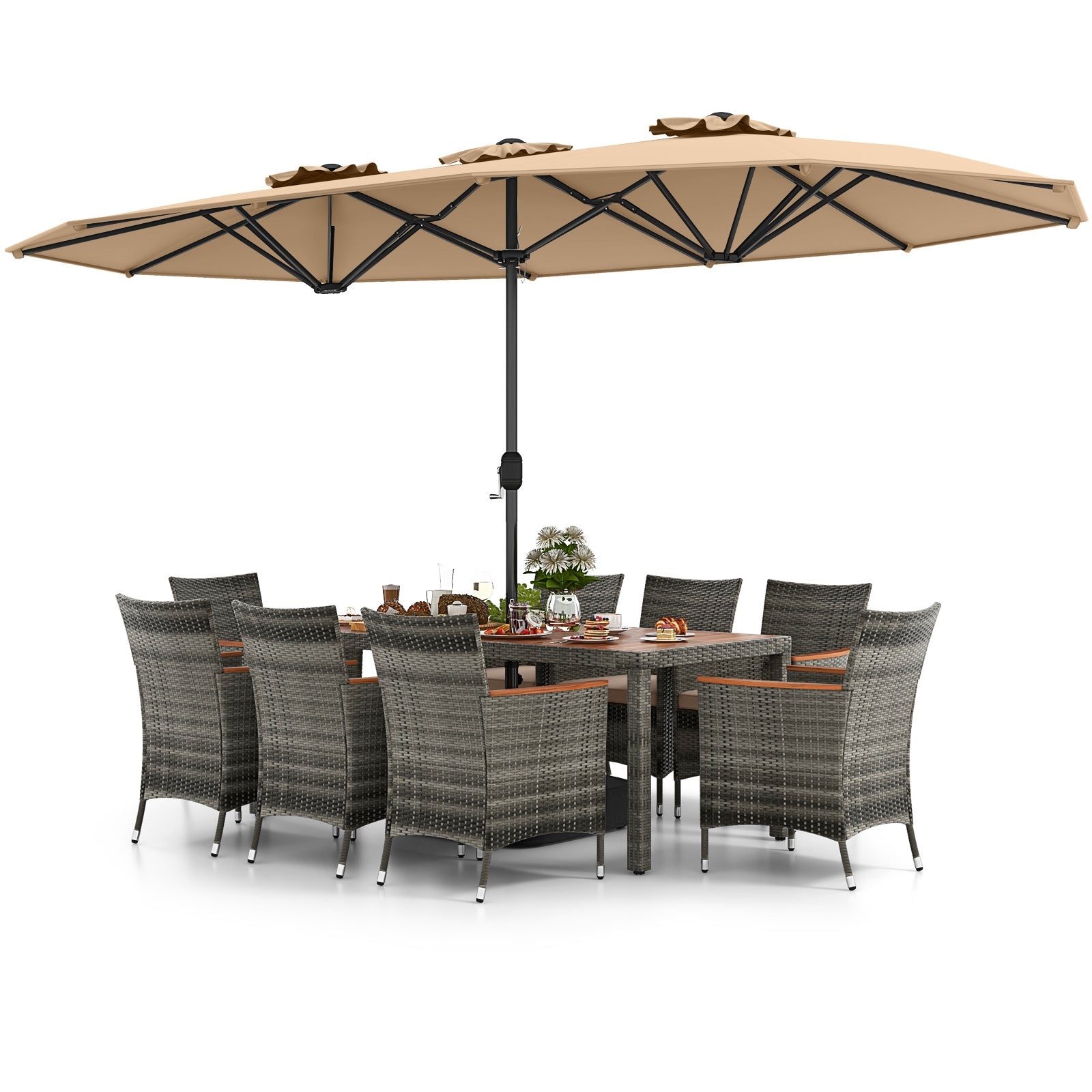 10 Pieces Patio Wicker Dining Set with 15 Feet Double-Sided Patio Umbrella, Brown Patio Dining Sets   at Gallery Canada