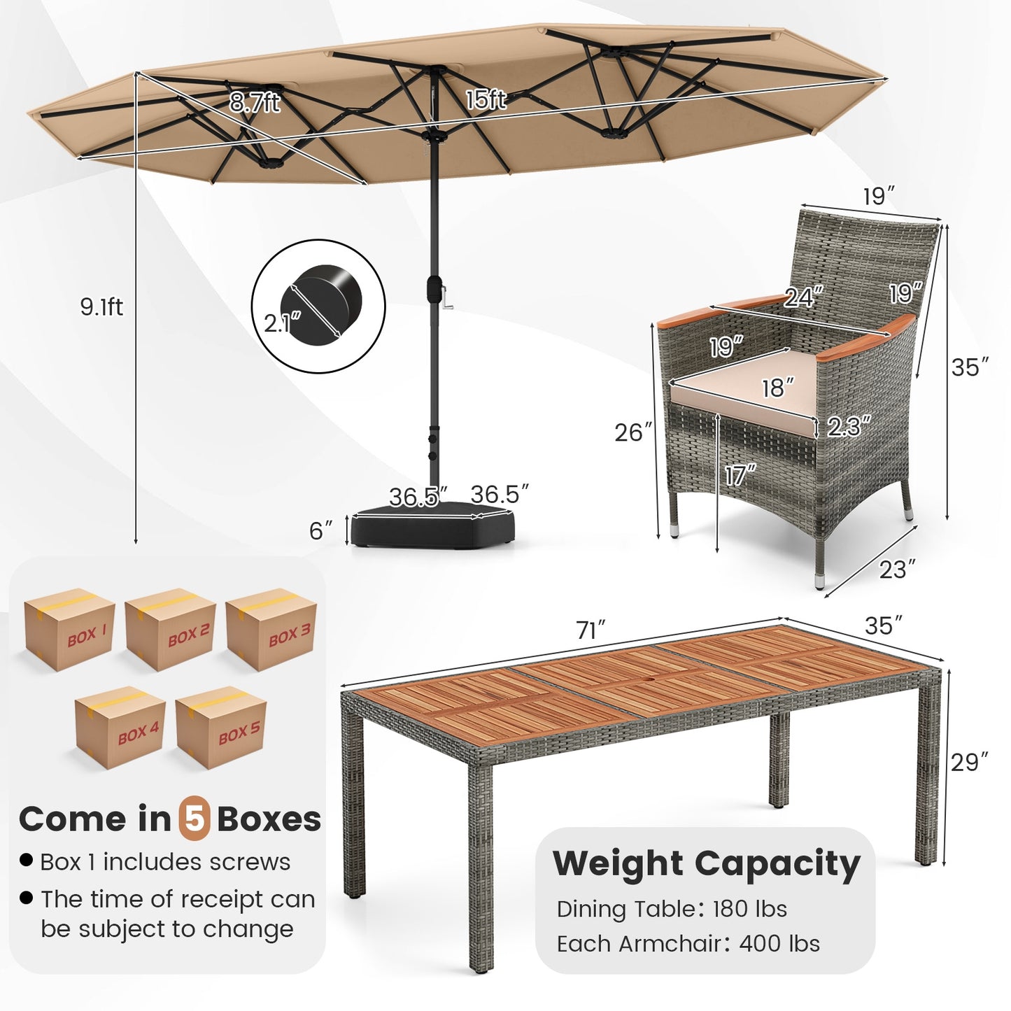 10 Pieces Patio Wicker Dining Set with 15 Feet Double-Sided Patio Umbrella, Brown Patio Dining Sets   at Gallery Canada