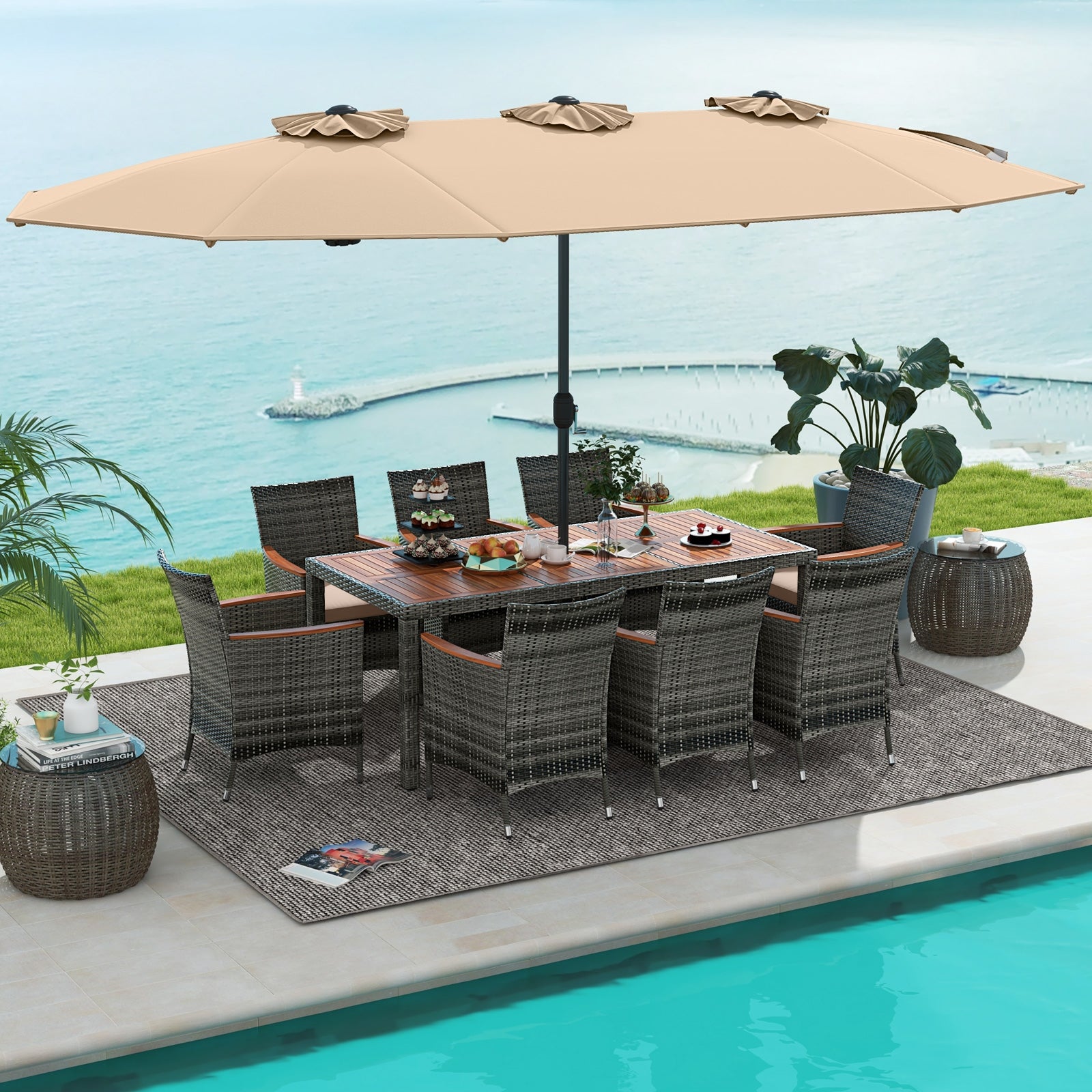 10 Pieces Patio Wicker Dining Set with 15 Feet Double-Sided Patio Umbrella, Brown Patio Dining Sets   at Gallery Canada