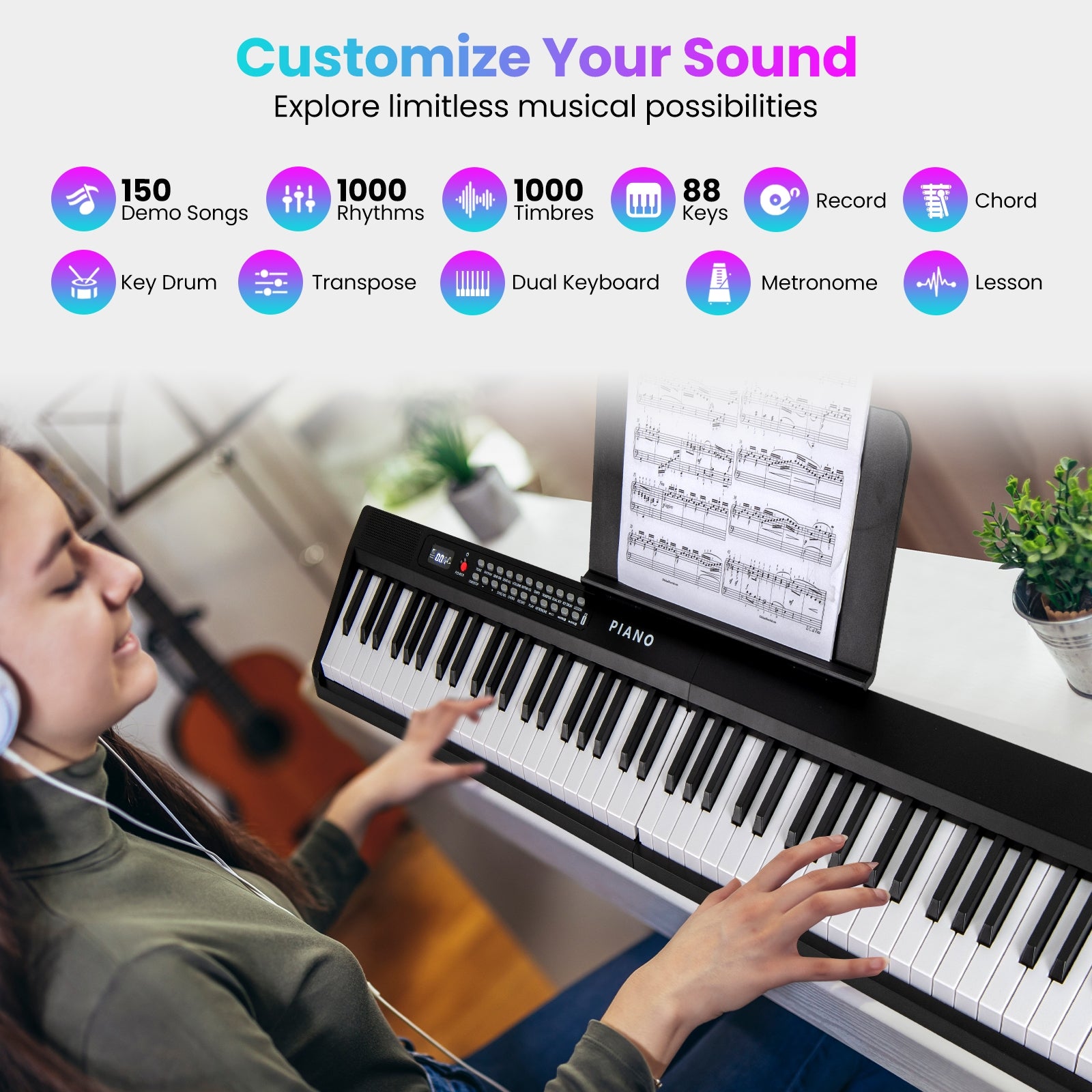 88 Key Foldable Electric Keyboard Piano with Wireless MIDI and Dual Speakers, Black Pianos & Keyboards at Gallery Canada