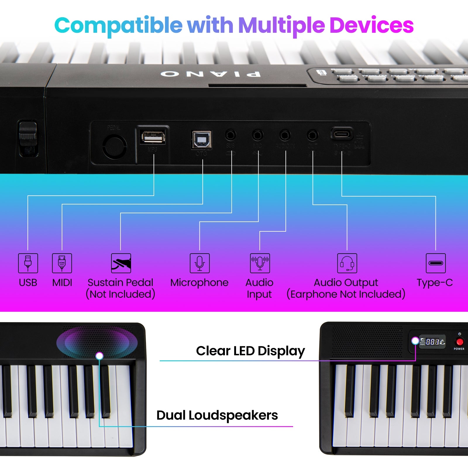 88 Key Foldable Electric Keyboard Piano with Wireless MIDI and Dual Speakers, Black Pianos & Keyboards at Gallery Canada