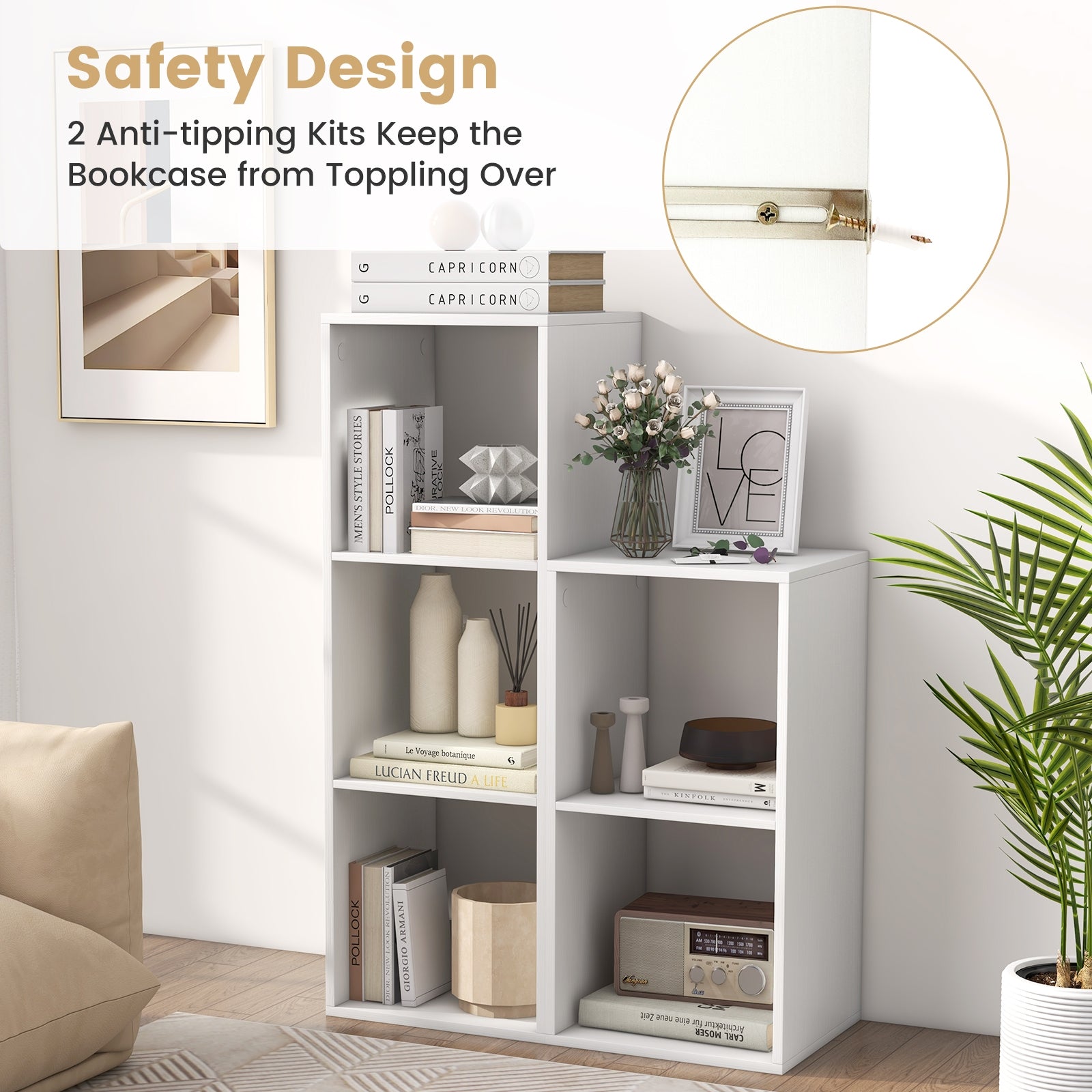 3 Cube Bookshelf with Back Guardrail for Living Room Bedroom, White Bookcases at Gallery Canada