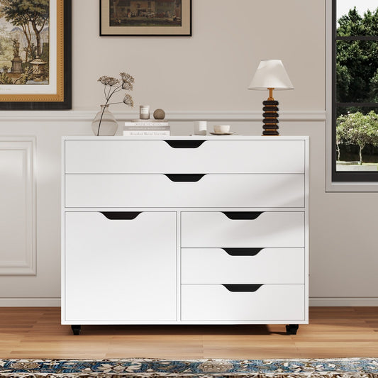 Modern Vertical 5-Drawer Mobile Chest with Door 5 Casters-White , White File Cabinets White at Gallery Canada