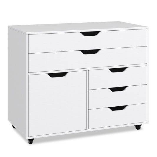 Modern Vertical 5-Drawer Mobile Chest with Door 5 Casters-White , White File Cabinets White at Gallery Canada