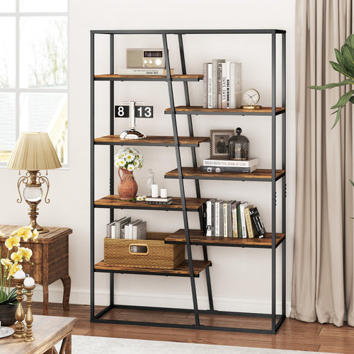 71-Inch 7-Tier Industrial Etagere Bookcase with Heavy-duty Metal Frame, Rustic Brown