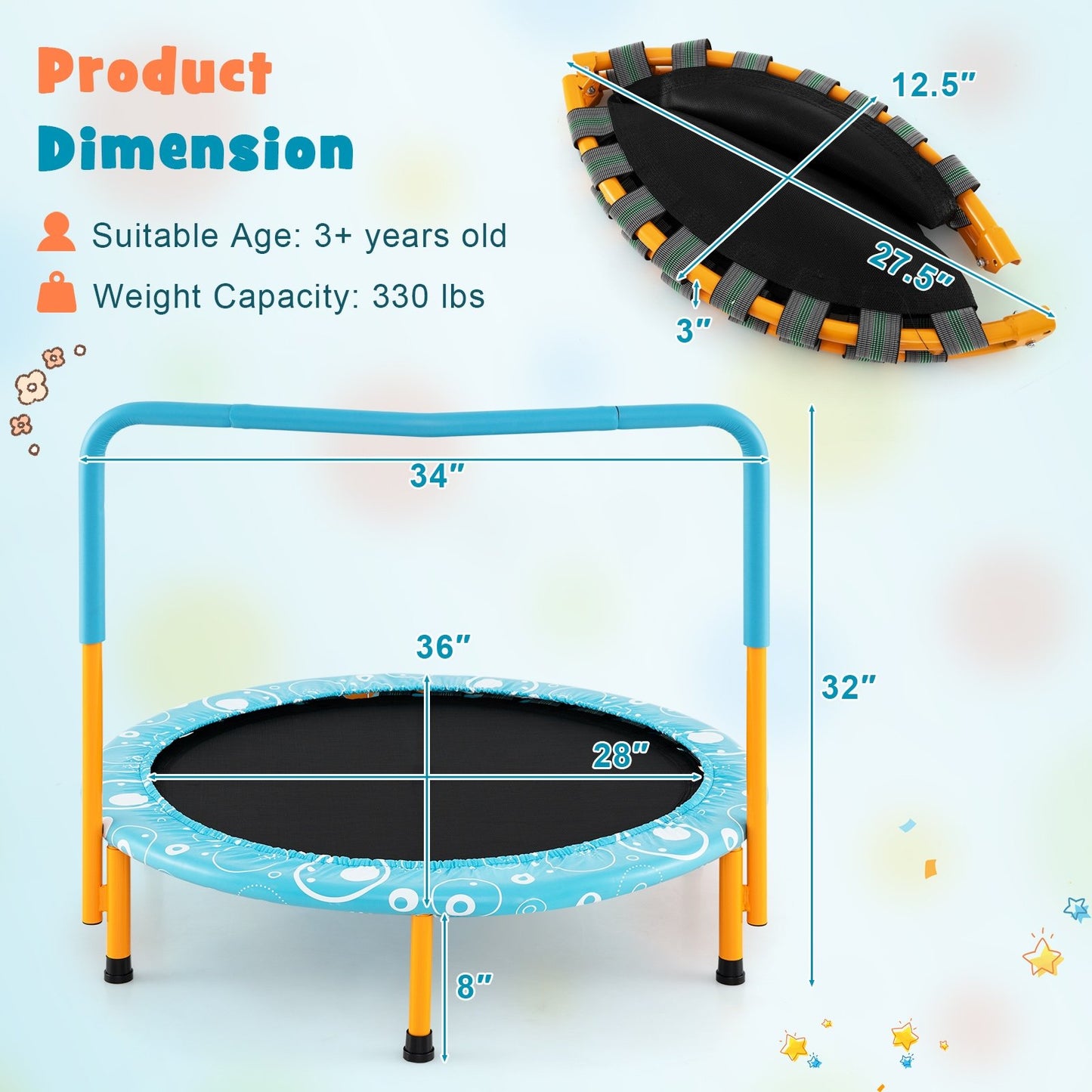 36 Inch Kids Trampoline Mini Rebounder with Full Covered Handrail, Orange Trampolines at Gallery Canada