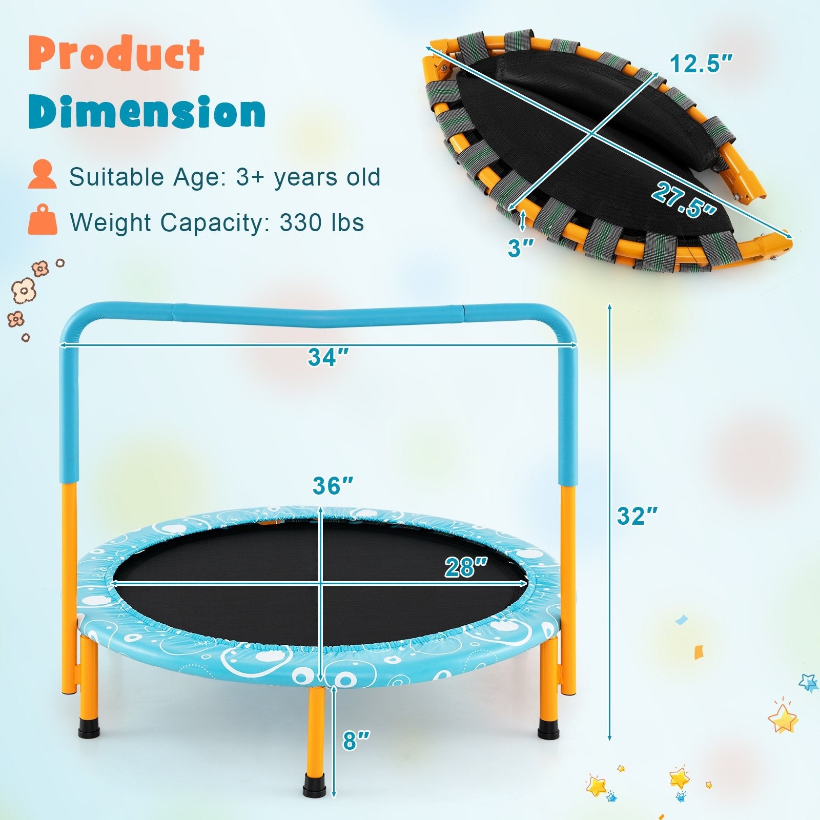 36 Inch Kids Trampoline Mini Rebounder with Full Covered Handrail, Orange Trampolines at Gallery Canada