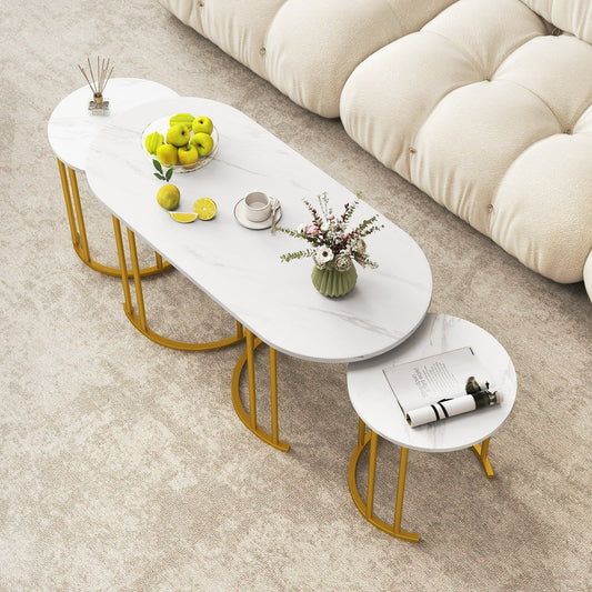 Nesting Coffee Table Set of 3 with Faux Marble Tabletop and Powder-coated Gold Metal Frame, White Coffee Tables White at Gallery Canada