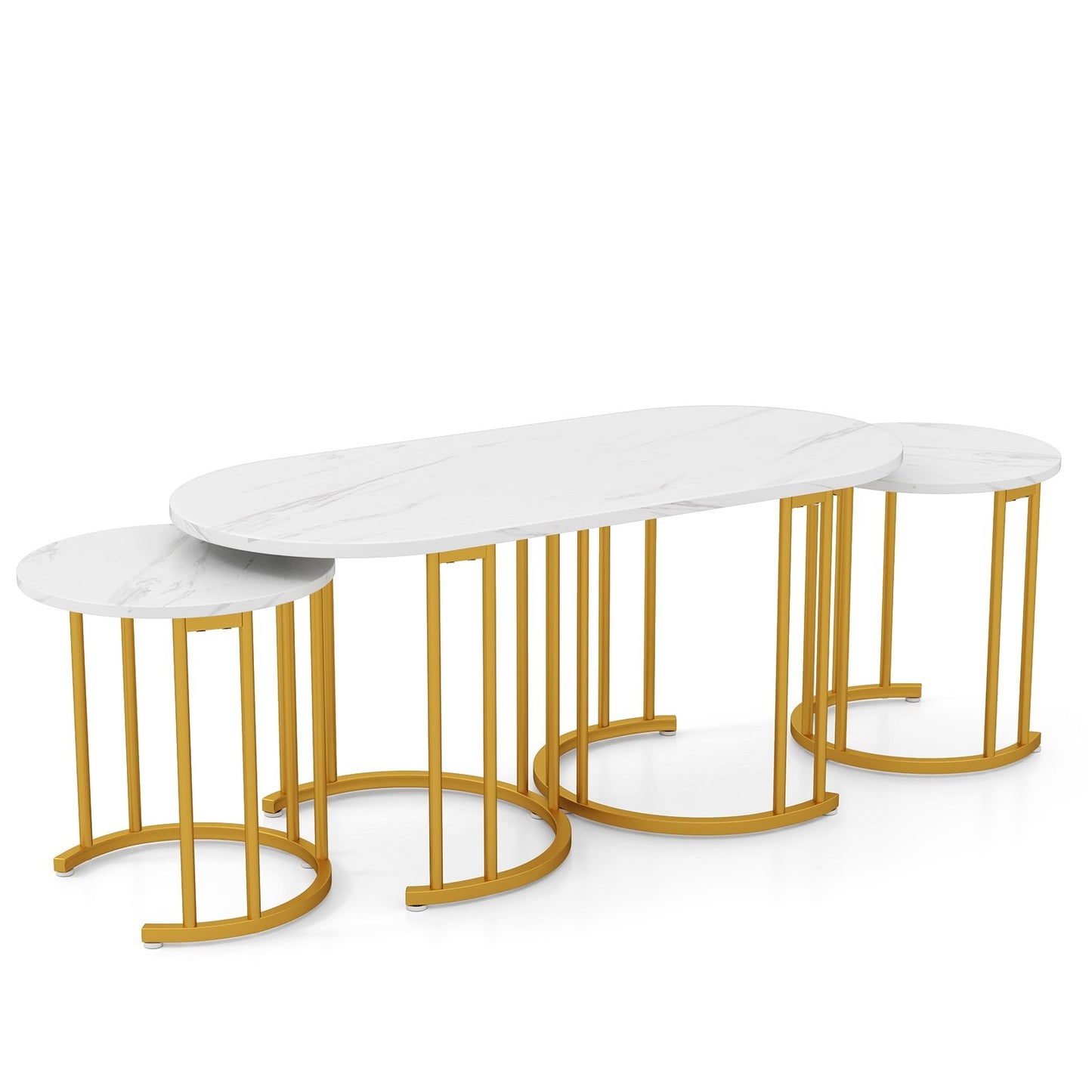 Nesting Coffee Table Set of 3 with Faux Marble Tabletop and Powder-coated Gold Metal Frame, White Coffee Tables White at Gallery Canada