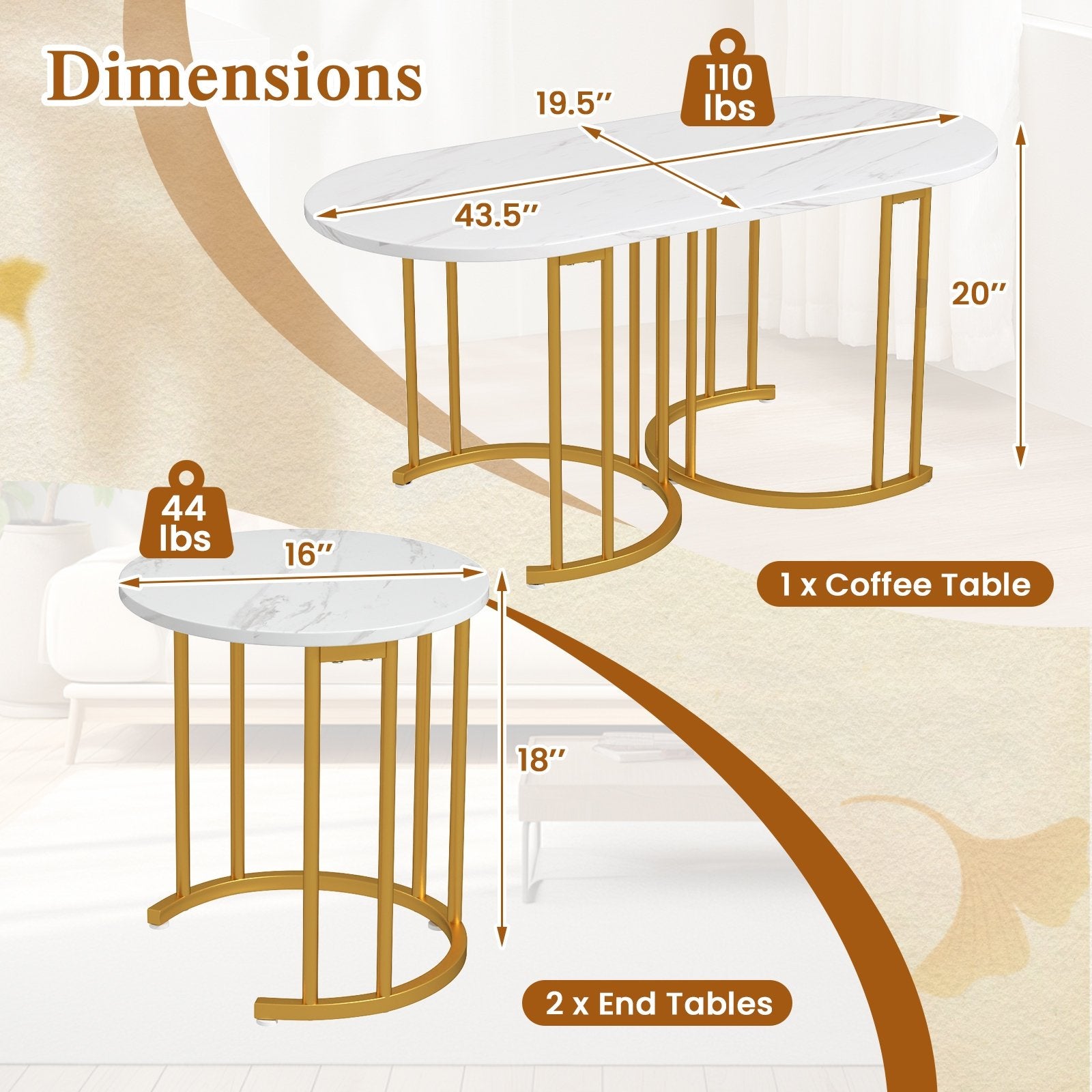 Nesting Coffee Table Set of 3 with Faux Marble Tabletop and Powder-coated Gold Metal Frame, White Coffee Tables at Gallery Canada