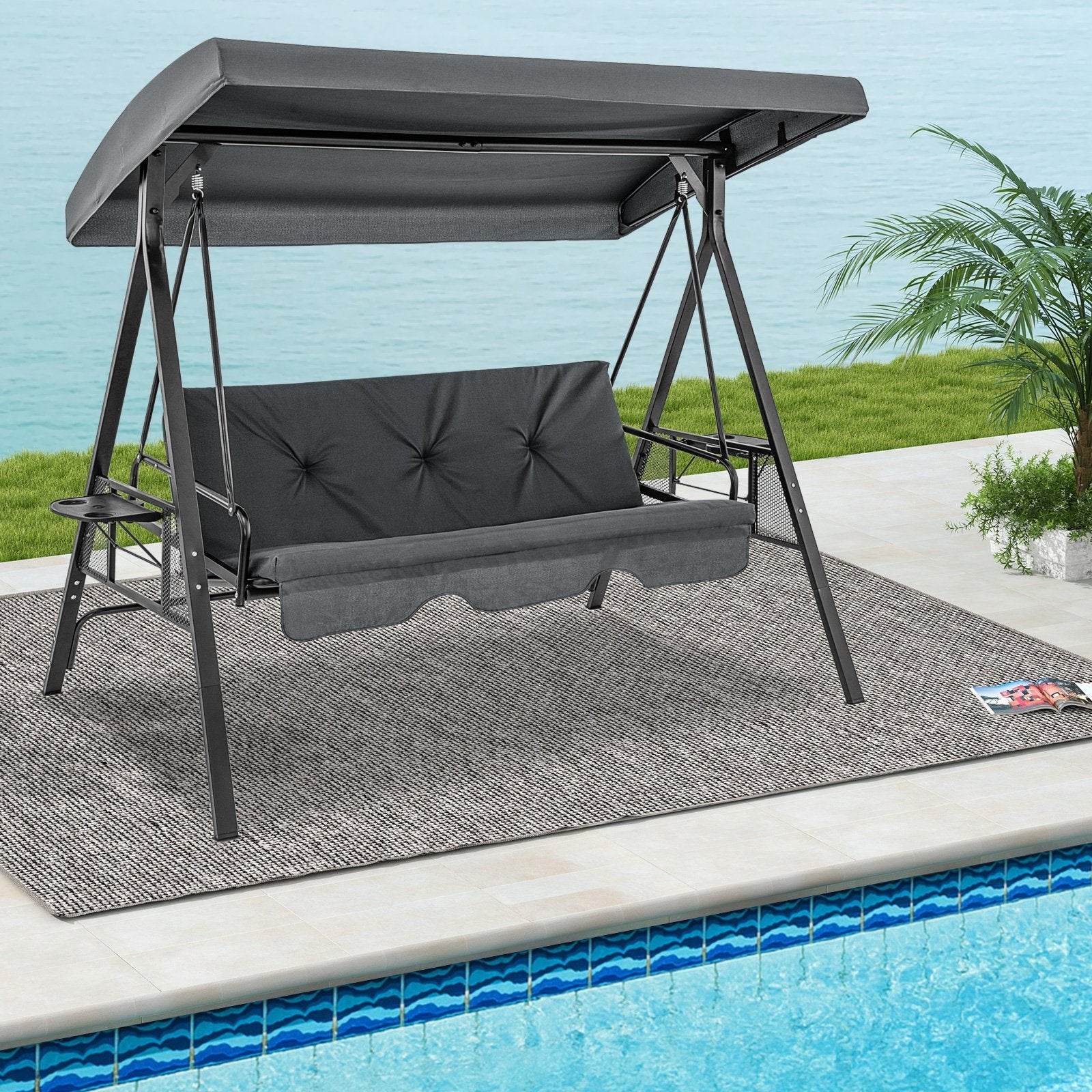 Convertible 3-Seat Patio Porch Swing Chair to Flat Bed with Adjustable Canopy, Gray Porch Swings   at Gallery Canada