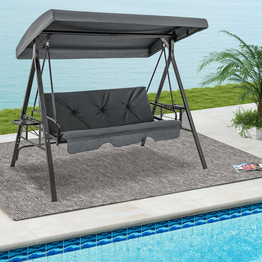 Convertible 3-Seat Patio Porch Swing Chair to Flat Bed with Adjustable Canopy, Gray Porch Swings Gray  at Gallery Canada