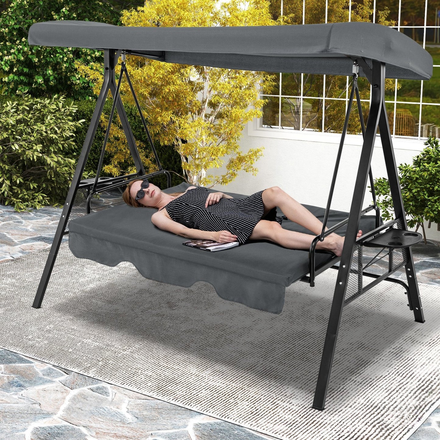 Convertible 3-Seat Patio Porch Swing Chair to Flat Bed with Adjustable Canopy, Gray Porch Swings   at Gallery Canada