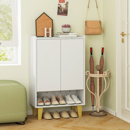 5-Tier Shoe Cabinet with Faux Marble Countertop and Flat Tilting Shelves, White