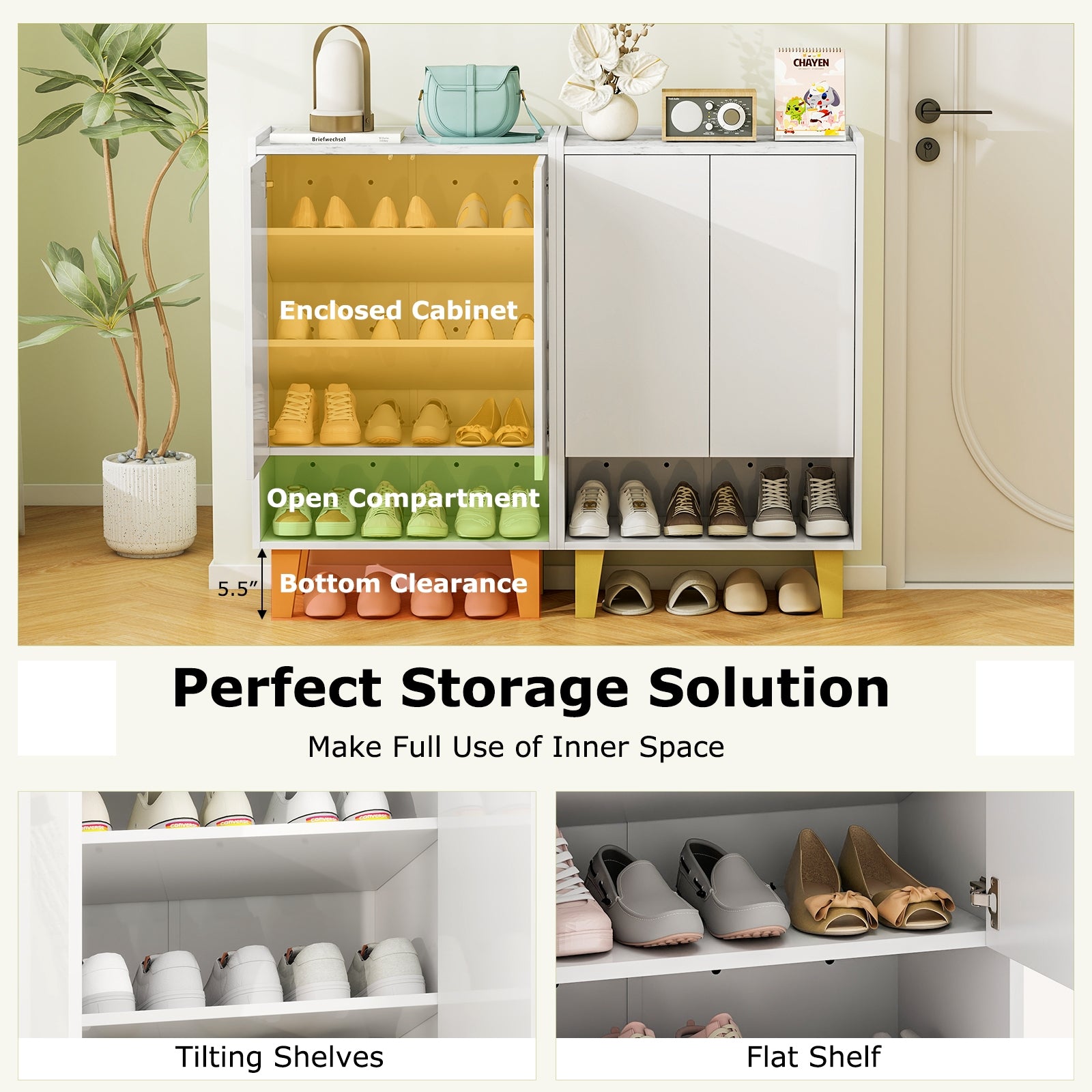 5-Tier Shoe Cabinet with Faux Marble Countertop and Flat Tilting Shelves, White Shoe Racks & Storage Benches at Gallery Canada