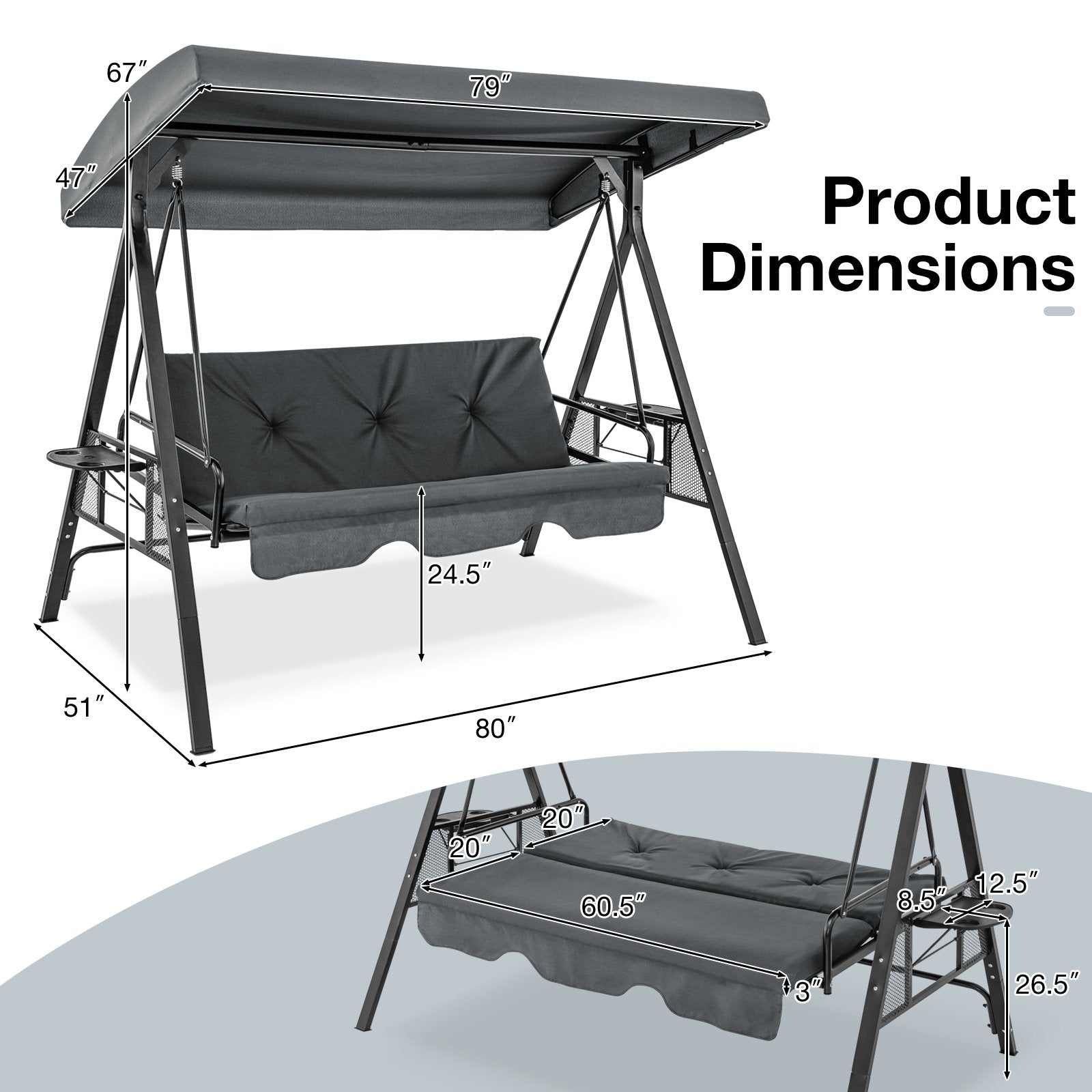 Convertible 3-Seat Patio Porch Swing Chair to Flat Bed with Adjustable Canopy, Gray Porch Swings   at Gallery Canada