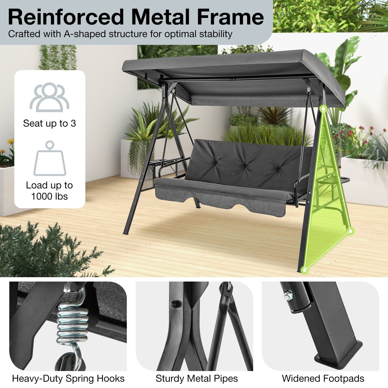 Convertible 3-Seat Patio Porch Swing Chair to Flat Bed with Adjustable Canopy, Gray Porch Swings   at Gallery Canada