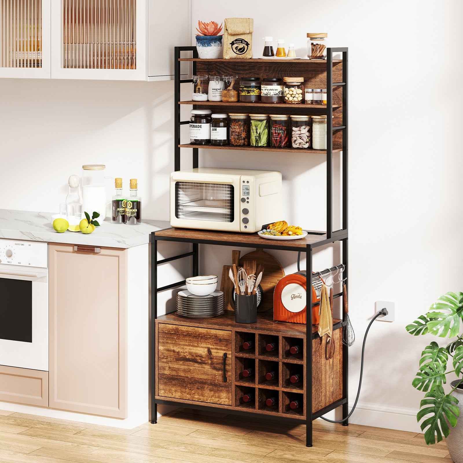 Coffee Bar Cabinet with S-Shaped Hooks and Wine Bottle Holders, Rustic Brown Wine Racks at Gallery Canada