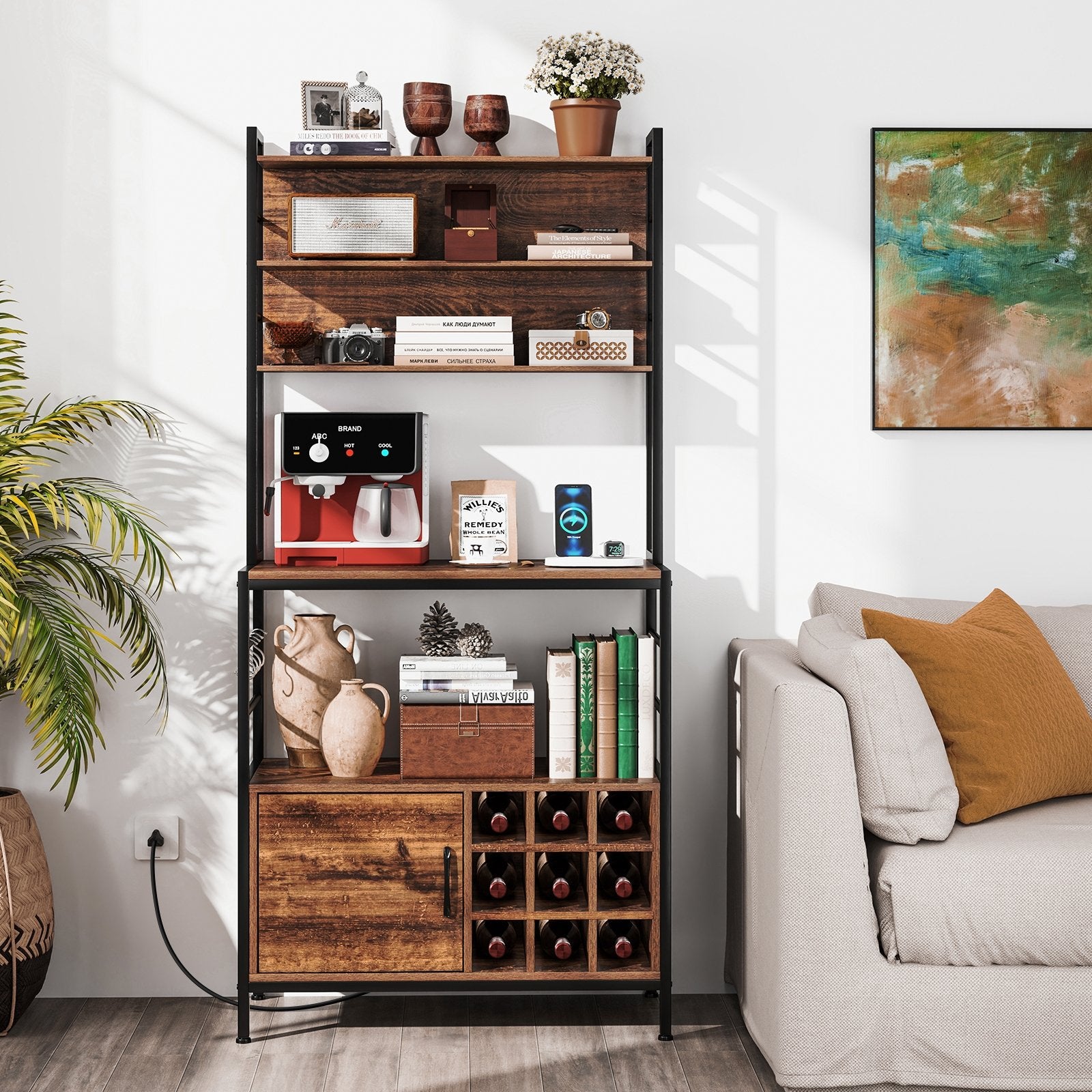 Coffee Bar Cabinet with S-Shaped Hooks and Wine Bottle Holders, Rustic Brown Wine Racks at Gallery Canada