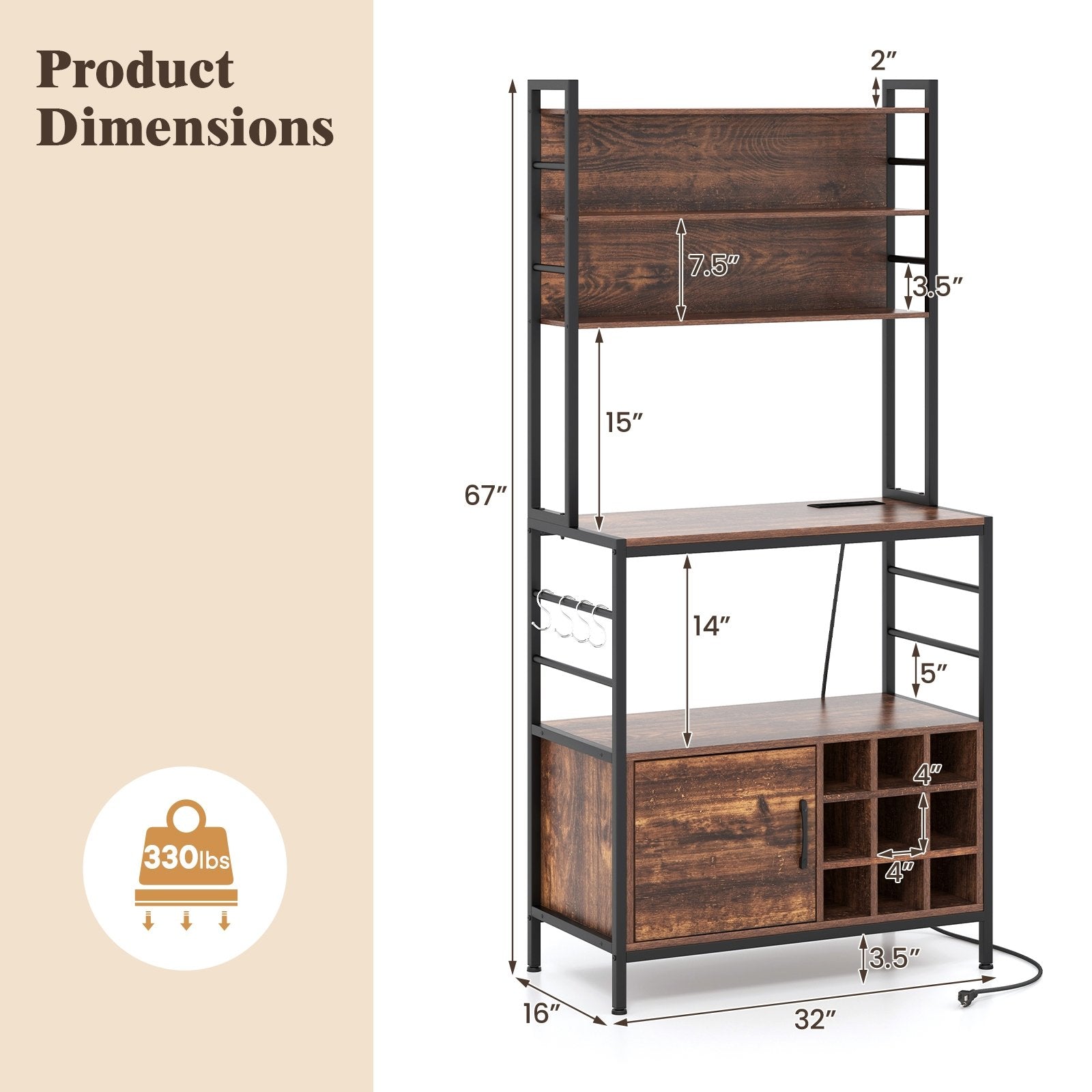 Coffee Bar Cabinet with S-Shaped Hooks and Wine Bottle Holders, Rustic Brown Wine Racks at Gallery Canada