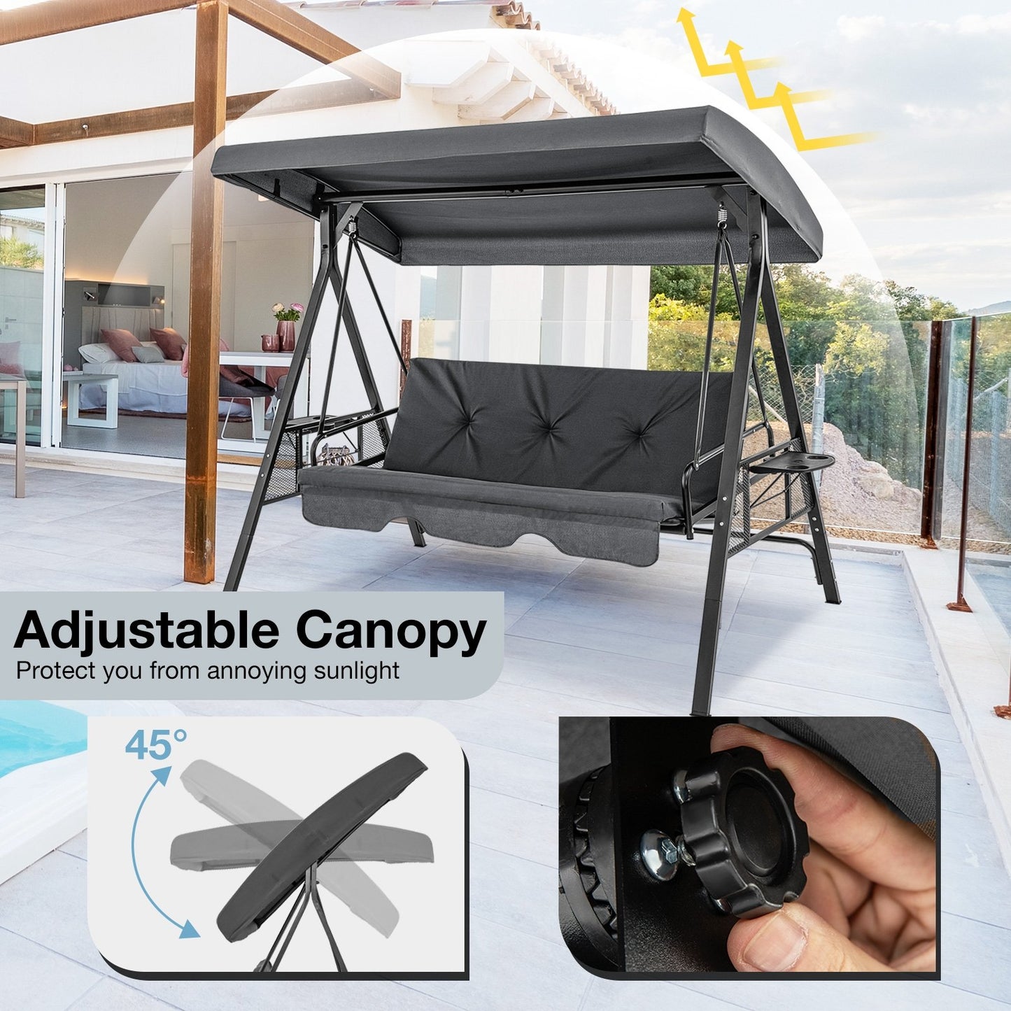 Convertible 3-Seat Patio Porch Swing Chair to Flat Bed with Adjustable Canopy, Gray Porch Swings   at Gallery Canada