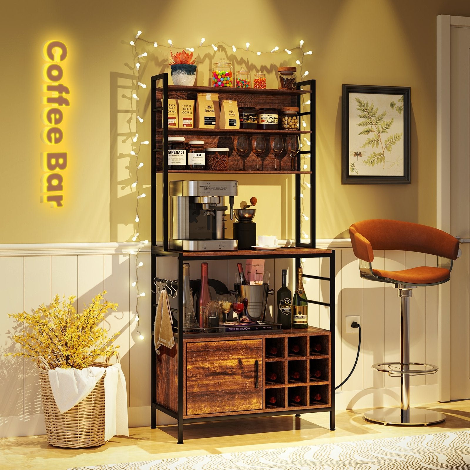 Coffee Bar Cabinet with S-Shaped Hooks and Wine Bottle Holders, Rustic Brown Wine Racks at Gallery Canada