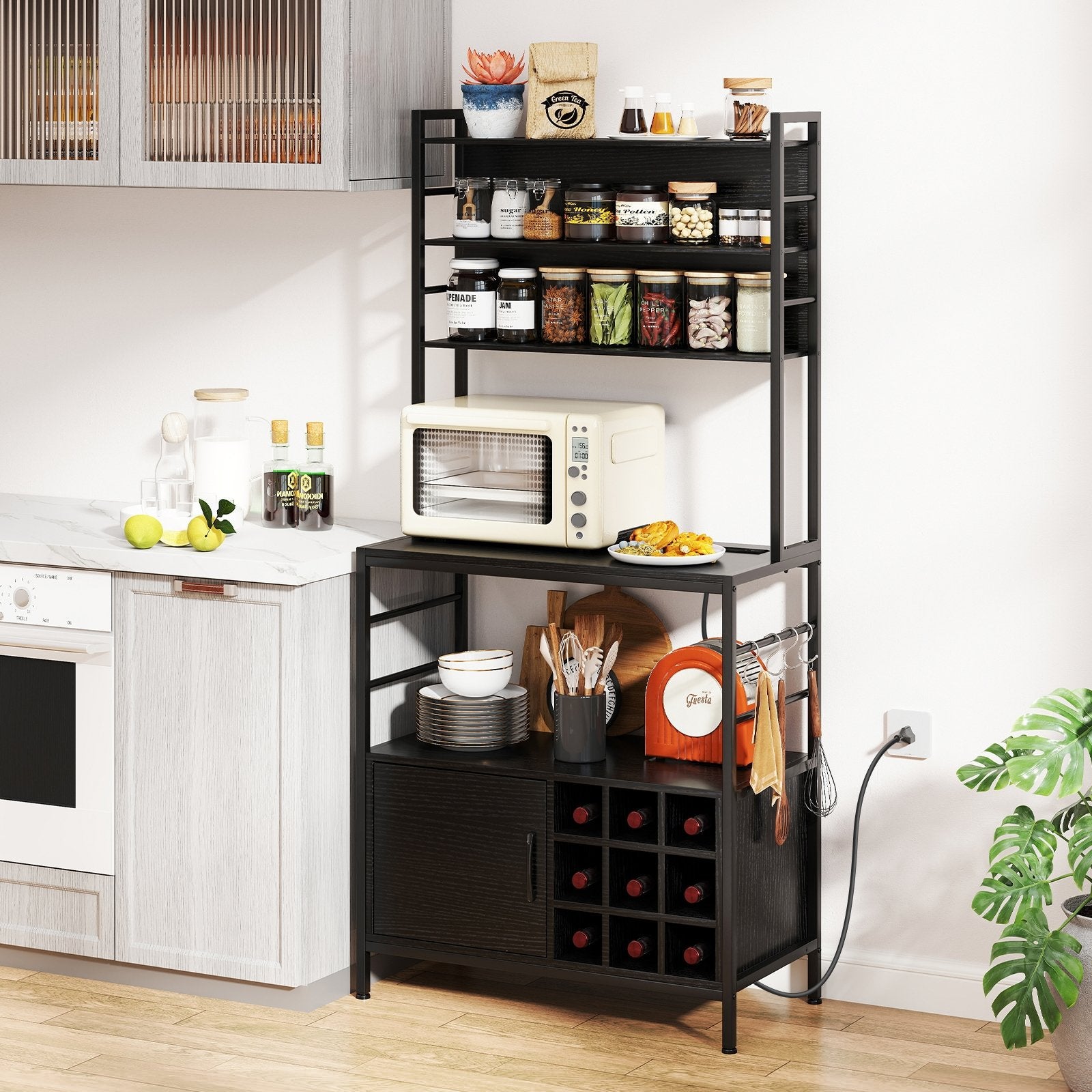 Coffee Bar Cabinet with S-Shaped Hooks and Wine Bottle Holders, Black Wine Racks at Gallery Canada