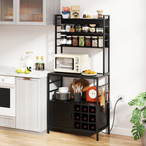 Coffee Bar Cabinet with S-Shaped Hooks and Wine Bottle Holders, Black