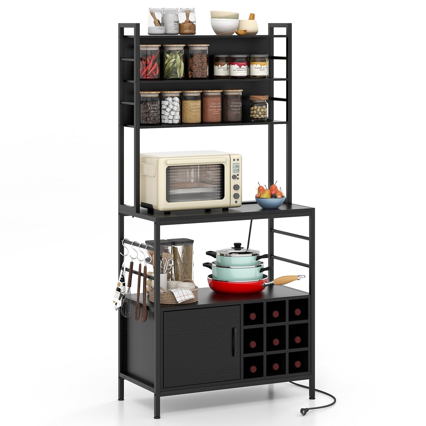 Coffee Bar Cabinet with S-Shaped Hooks and Wine Bottle Holders, Black Wine Racks at Gallery Canada