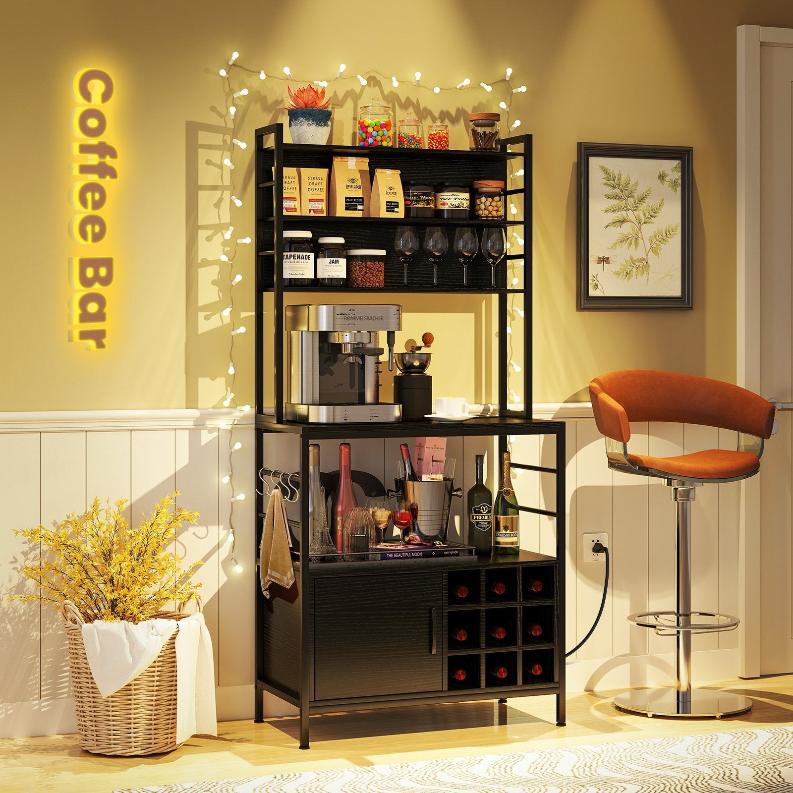 Coffee Bar Cabinet with S-Shaped Hooks and Wine Bottle Holders, Black Wine Racks at Gallery Canada